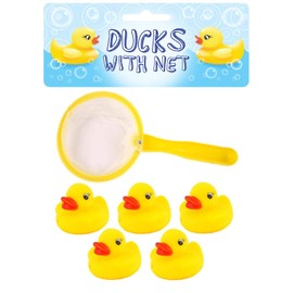 Henbrandt 5 Mini Rubber Ducks with Fishing Net Bath Toy Paddling Pool Game Summer Water Fun Toys for Kids