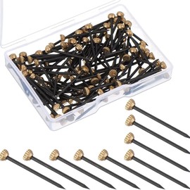 100 Pcs Picture Hanging Nails with Plastic Storage Box - 1.3x25mm Brass-Cap & 1.8x35mm Copper-Head Nails for Hanging Pictures - Steel Picture Pins Wall Hooks for Frames, Photos & Artworks