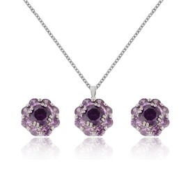AMYJANE Purple Amethyst Flower Jewelry Set for Women S925 Sterling Silver Wedding Earrings Necklace Set Cubic Zirconia Birthstone Floral Costume Jewelry for Bride Bridemaids Party Prom