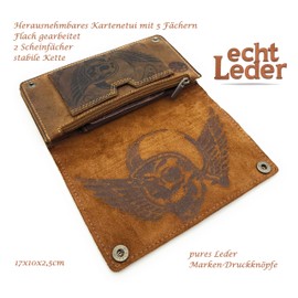 Lemasi Biker Wallet with Chain Natural Hunter Leather Wallet with RFID Protection Skull, Brown with long bicycle chain, Contemporary