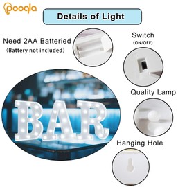 BAR - Illuminated Marquee Bar Sign for Home Decor - Light up LED Marquee Word Sign - Pre-Lit Pub Light Battery Operated (23.03-in x 8.66-in) (Cool White)