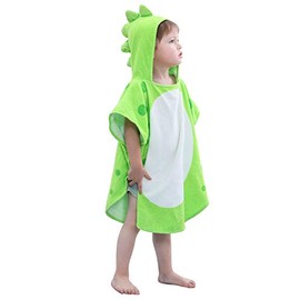 Children's Bath Towels with Hooded Dinosaur, Boys Beach Towel Pool Poncho Swim Cover-Ups 100% Cotton (Green#B, 1-3T)