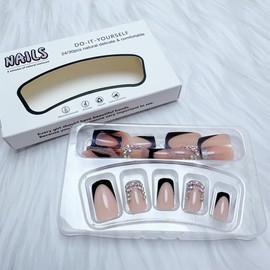 24 Pcs Black French Tip Press on Nails Short Square with Colorful Rhinestones Nail Tips Designs Glitter False Nails Glue on Nails French Full Cover Stick on Nails for Women Nail Decoration