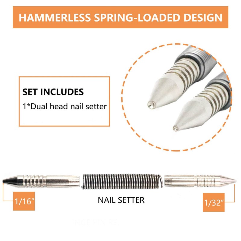 WHLLING Dual Head Nail Setter, Hammerless 1/32″& 1/16″ Spring Nail
