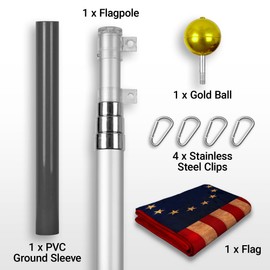 G128 Combo Pack: 16 Ft Telescoping Aluminum Flagpole (Silver) & Betsy Ross Tea-Stained Flag 3x5 Ft, ToughWeave Pro Series Embroidered 420D Polyester | Pole with Flag Included