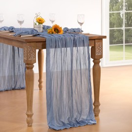 DeZerlor Dusty Blue Cheesecloth Table Runner 6 Pack Spring Boho Easter Cheese Cloth Table Runners Gauze Sheer 120 Inches Long Blue Table Decor for Marine Weddings Bridal Baby Shower Birthday Parties