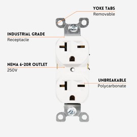 SHADID 220V / 240V / 250V Single Wall Outlet, Nema 6-20R Receptacle, 20 Amp Electrical Switch, Industrial Grade, Round/Duplex, White, 52477-WH