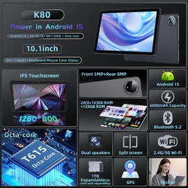Android 15 Tablet 10 inch,24GB RAM 128 ROM,Tablets with Keyboard Case Mouse Stylus,1TB Expandable,Octa-Core 6000mAh 1280x800 IPS HD,5G WiFi,T615 CPU,High Performance,Processor,Dual Camera(Gray)