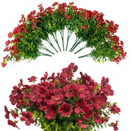 10 Bundles Artificial Flowers for Outdoors Fake Silk Flowers for Outside Faux Hanging Plants Fake Plants Fake Flowers for Front Porch Decor Planter Window Box Home Patio Garden Decoration, Red
