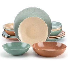 Stackable 16 Pieces Round Shaped Stoneware Dinnerware Set | Semi-Matte Speckled Glaze Finish Green Beige Mixed Color | Highly Durable Dishwasher & Oven Safe Pretty Smooth Textured | Stylish Look
