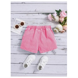 BEAUDRM Girl's High Waist Denim Skort Bow Front Split Elastic Waist Summer Casual Jean Skirt Shorts Hot Pink 5Y