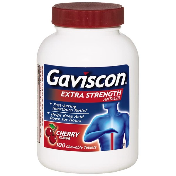 Gaviscon Extra Strength Cherry Chewable Tablet For Fast-Acting Heartburn Relief, 100 Count