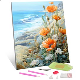 TISHIRON - Kits de pintura de diamantes de amapolas y margaritas, 12 x 16 pulgadas, diseño de paisaje con vista al mar, manualidades para adultos