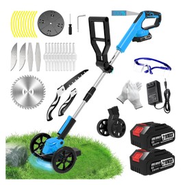 Cordless Weed Wacker Eater Battery Powered, Electric Weed Trimmer with 2 21V/2.0Ah Battery Operated & Charger & 5 Types Blades & Wheels, No-String Grass Trimmer/Lawn Edger/Brush Cutter for Garden Yard
