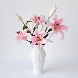 ZYTUYO 2 PCS 35" Pink Artificial Lily Flowers PU Large Long Stem Faux Lily Real Touch Lilies with 2 Silk Big Flower Heads and 1 Bud Lily Fake Bouquets for Easter Party Garden Spring Decor