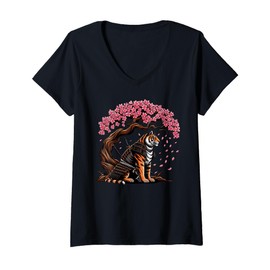 Womens Tiger Samurai Japanese Graphic Art Aesthetic Manga V-Neck T-Shirt