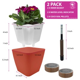Gardenix Decor 5" Self Watering pots for Indoor Plants - Flower Pot with Water Level Indicator for Plants, Grow Tracking Tool - Self Watering Planter Plant Pot – 2 Pack Terracota