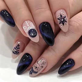 LBPEPAMZ Christmas Press on Nails Medium Almond Fake Nails with Glitter Xmas Tree Snowflake Designs Blue Black Cute Elk Cat False Nails Full Cover Glossy Acrylic Nails Stick on Nails for Women 24Pcs