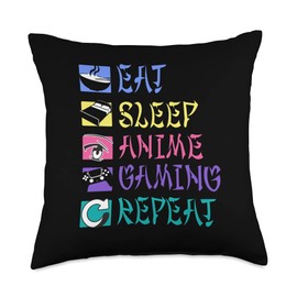 Kawaii Anime Merch Manga For Men Women Kids Eat Sleep Gaming Repeat Kawaii Otaku Anime Manga Color Throw Pillow, 18x18, Multicolor