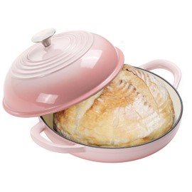 Enameled Round Cast Iron Bread Oven, 6 Qt Cast Iron Dutch Oven for Homemade Sourdough Bread Baking, Bread Dome Pot with Cloche Lid (Gradient Pink)