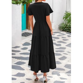 KIRUNDO Womens Summer Dresses 2025 Spring Fashion Short Sleeve Button V Neck Pleated Loose Tiered Swing Flowy Maxi Dress(Black, Medium)