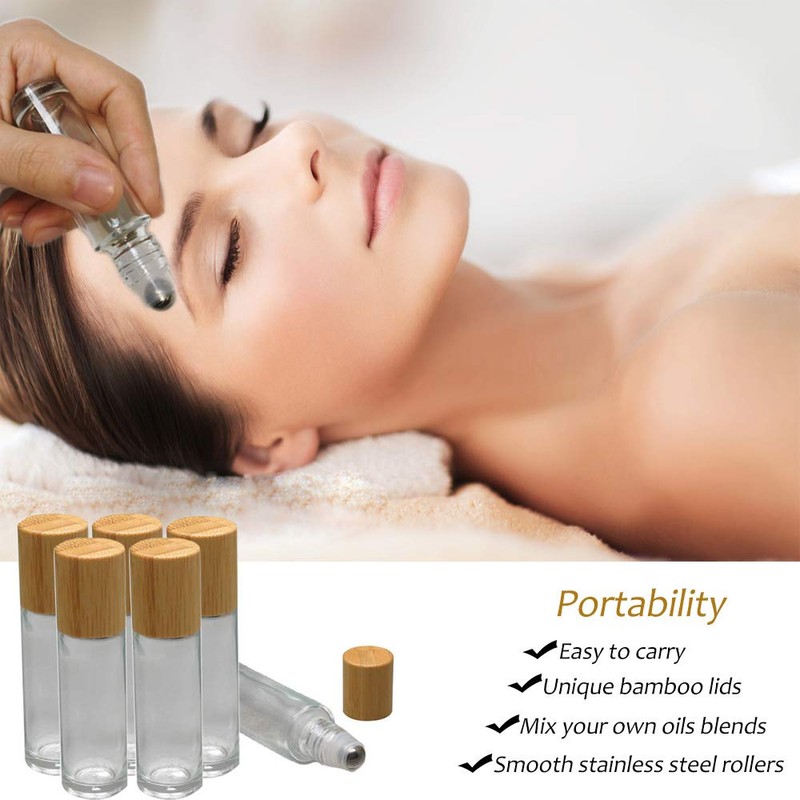 12Pcs 10ml Glass Roll On Bottle with Bamboo Lid for