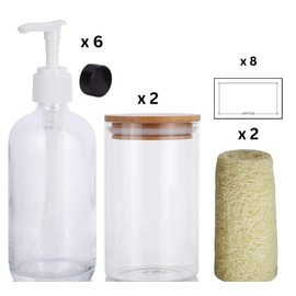 Started Kit 16 oz Clear Glass Boston Round Bottles with White Lotion Pump and Phenolic Caps (6 Pack), 16 oz Clear Jars with Bamboo Lids (2 Pack), Loofahs (2 Pack), Labels (8)