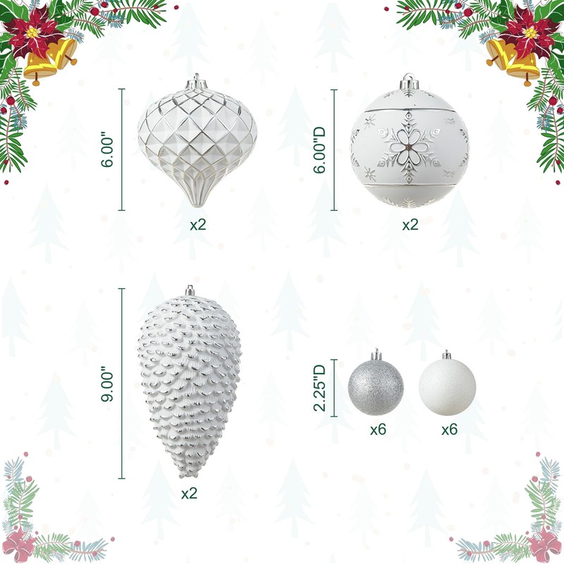 18ct Christmas Elegant Silver Deluxe Large Shatterproof Ornaments