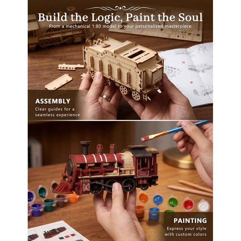 BOOZUU 3D Wooden Steam Train Puzzle for Adults, Build and