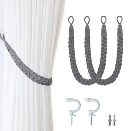 2pcs Grey Tie Backs for Curtains and 2pcs Metal Hook, Curtain Tie Backs, Natural Cotton Rope Curtain Tiebacks, Boho Style Hand-Woven Curtain Tie-Backs for Home & Office (Dark Grey/White)