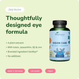Vegavero Eye Vitamins Supplements | Lutein, Zeaxanthin, Bilberry, Beta Carotene Extracts, Vitamin B2 & Zinc | NO Additives, Lab-Tested | 120 Capsules | Vegan