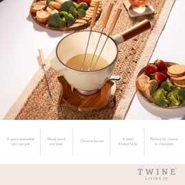 Twine Farmhouse Kitchen Enamel Cast Iron Set Cheese Melting Fondue Pot Metal Stainless Steel Forks and Wood Stand, Beige Set of 1