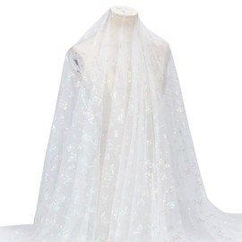 MAYJOYDIY 1.8 m White Tulle Lace Fabric with Butterfly Embroidery 1.6 m Mesh Fabric with Butterfly Print Shiny Glitter Tulle Fabric for Tutu Skirt Dress Veil Curtain Gift Packaging
