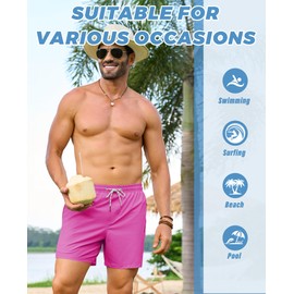 Alimens & Gentle Mens Swim Trunks 5 inch with Compression Linner Swim Shorts with Zipper Pockets Quick Dry Board Shorts Men Hot Pink