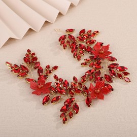 Teyglen Red Flower Crystal Wedding Headband Sparkly Rhinestone Hair Vine for Bride Wedding Hair Accessories Bridal Headpiece for Women Hair Piece (Red, Free size)