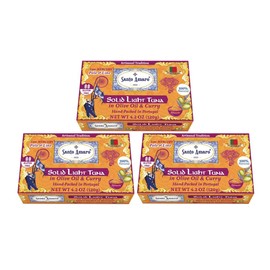 SANTO AMARO Artisanal Wild Tuna in Olive Oil & Turmeric Curry (3 Pack, 120g Each) 100% Natural - GMO FREE - Pole & Line Caught Skipjack Light Tuna - Solid Pack - Low Mercury - Hand Packed in PORTUGAL