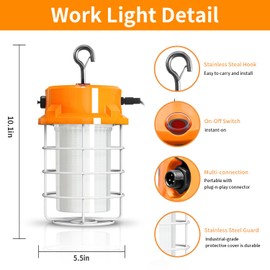 RIUVAO 80W LED Temporary Work Light 12000lm 5000K Daylight White Portable Hanging Construction Lighting Led High Bay Light for Workshop Mine Job Site Lighting