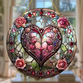 Heart Flower Floral Rose Stained Windows Hanging Suncatcher,Flower Stained Glass Suncatchers Window Ornament Stained Glass Panel Sun Catcher Wall Hanging Decor Birthday Gifts