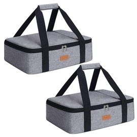 Double Casserole Carrier for Hot or Cold Food, Expandable Insulated Bag, Perfect Lasagna Holder Tote for Potlucks, Picnics, Beaches, Traveling, Fits 11" * 15.7" Baking Dish, Lunch Bag Gray (2PC)