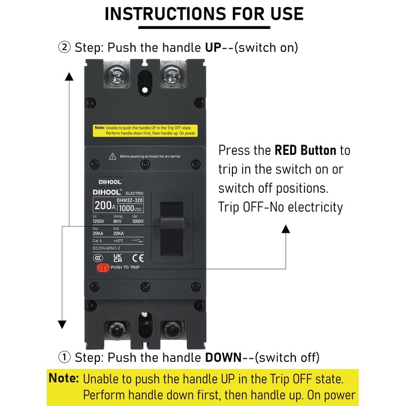 DIHOOL 200 Amp DC Circuit Breaker,2P 1000V 20kA Breaking Capacity