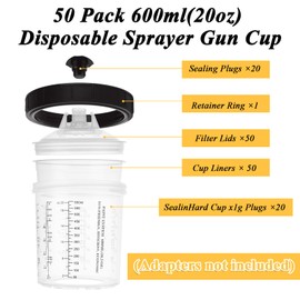 YAYODS 50 Pack Disposable Paint Sprayer Gun Cup Liners and Lid System for Spray Gun, Paint Cups 20 Ounce (600ml) Kit with 50 Mixing Cups Liners, 50 Lids, 20 Plugs, 1 Hard Cup with Retainer Ring