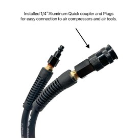 SYXQT Hybrid Air Hose 1/4-Inch x 25FT,300 PSI Heavy Duty, Lightweight, Kink Resistant, All-Weather Flexibility With 1/4-Inch Swivel Solid Aluminum Quick Coupler and Plug, Black
