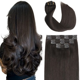 Sindra Clip-In Real Human Hair Extensions, Dark Brown, 45 cm, 6 Pieces, 120 g, Remy Natural C#2, 18 Inches