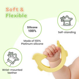 MOYUUM Wrist Teether Gift Set 100% Silicone, Wearable Type Baby Chew Toy Baby Gift for Newborn, Roly Poly Toy, Silicone Teething Toys for Infant and Toddler, Bracelet Type (Bird Orange, Pony Yellow)