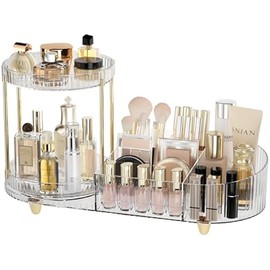 Makeup Organizer Countertop for Vanity, Rotating Skincare Organizers and Storage, 2-in-1 Cosmetic Organizer Display Case with Makeup Holder Perfume Tray for Desk Counter Bathroom Dresser