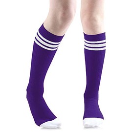 juDanzy Baby, Toddler & Kids Knee High Tube Socks For Boys & Girls With Grips (4-6 Years (Shoe Size 9C-1), Dark Purple with white stripes)