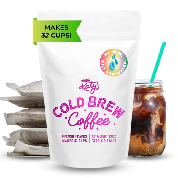 Drink Katy's Café frío (6 paquetes de jarra grandes/hace 32 tazas) prepara en cualquier recipiente, simplemente añade agua, sin ensuciar café molido, ceto, vegano, sin azúcar, suave, audaz y delicioso, propiedad de mujeres