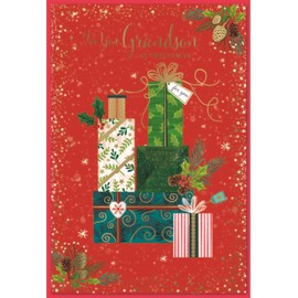 Grandson Christmas Card - Red Background With Gifts and Gold Foil 7.5x5.5"