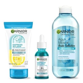 Kit Garnier Rutina Express Aclara Anti Acné 3 pasos, Agua Micelar con Acido Salicílico 400ml + Micro Exfoliante Sueva Anti Acné 150ml + Serum Booster 