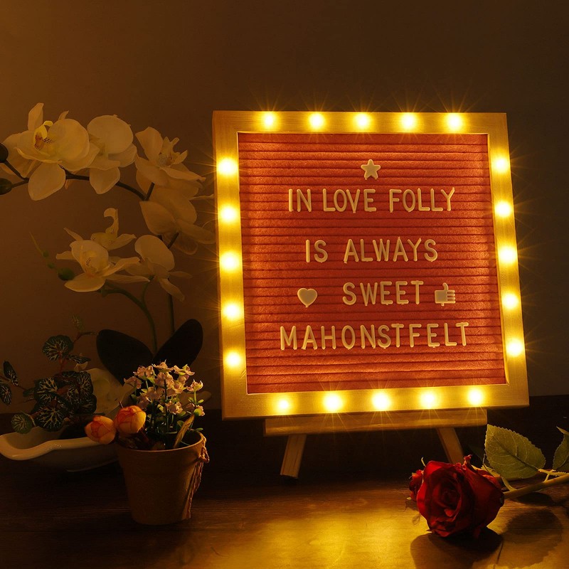 Pink Felt Letter Board with Stand, Built-in LED Lights With